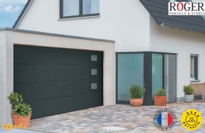 Porte de garage Sectionnelle Thermo Gris Noir RAL 7021 Hublots Carré